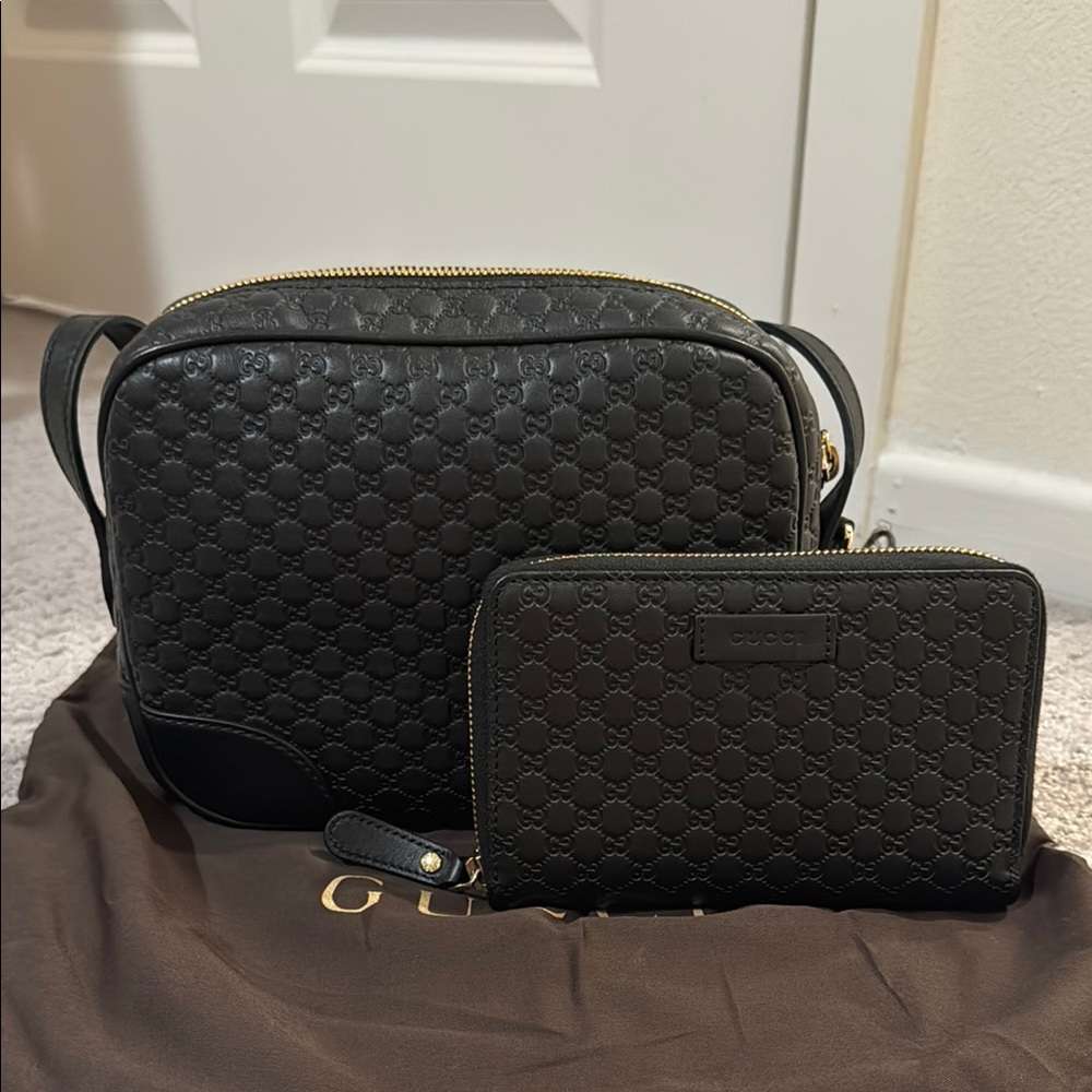 Gucci Microguccissima black camera crossbody bag and wallet bundle